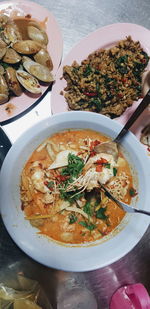 High angle view of food served on table