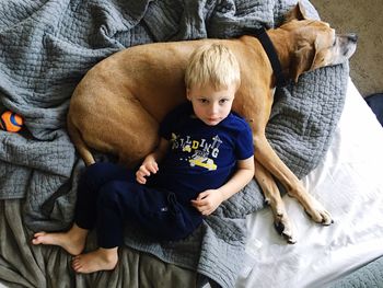 High angle view of boy relaxing on bed with dog at home