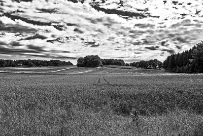 Scenic view of field against cloudy sky