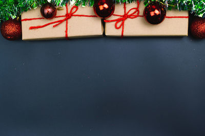 High angle view of christmas decorations on table