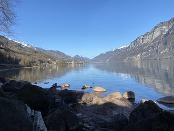 Scenic view of lake and mountains against sky