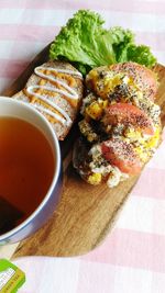 High angle view of breakfast served on table