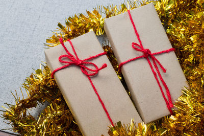 High angle view of christmas decoration in box