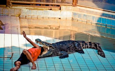 Woman sleeping in swimming pool