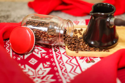 High angle view of drink in glass on table
