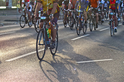 High angle view of people on road