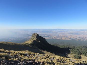 Scenic view of landscape against clear blue sky