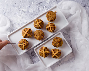 High angle view of cookies in plate on table