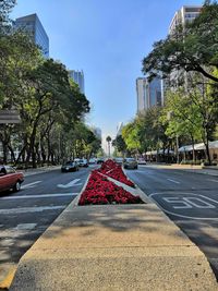 Surface level of road by city street against sky