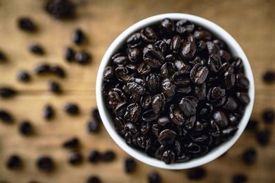 High angle view of coffee beans on table