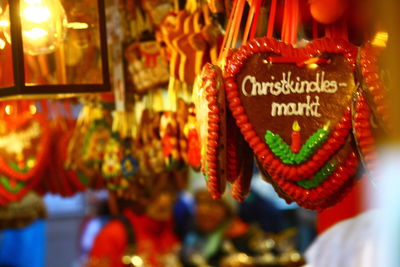 Close-up of lanterns hanging at market stall