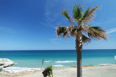 Scenic view of sea against blue sky