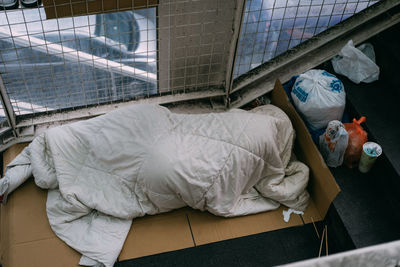 High angle view of homeless person  sleeping 