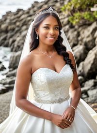 Portrait of young woman standing against rock