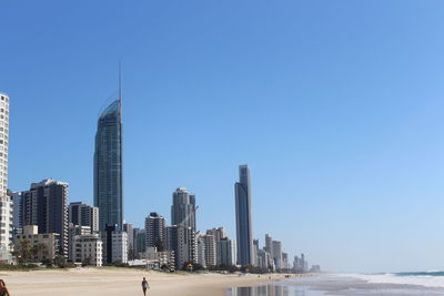 Modern buildings in city against clear sky