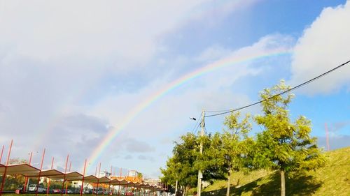 Low angle view of rainbow over trees against sky