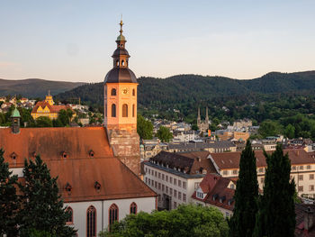 Golden hour sunset over church and old town - baden-baden, germany, deutschland - 2022