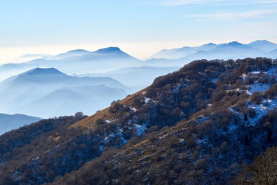 Scenic view of mountains against sky during sunset