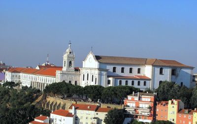 Buildings in city against clear sky