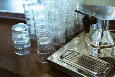 High angle view of glasses on table