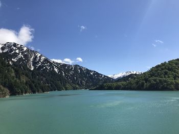 Scenic view of lake and mountains against sky