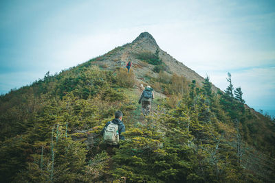 Rear view of hikers walking on mountain against sky