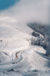 Scenic view of snow covered land against sky