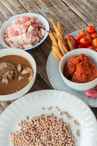 High angle view of food in plate on table