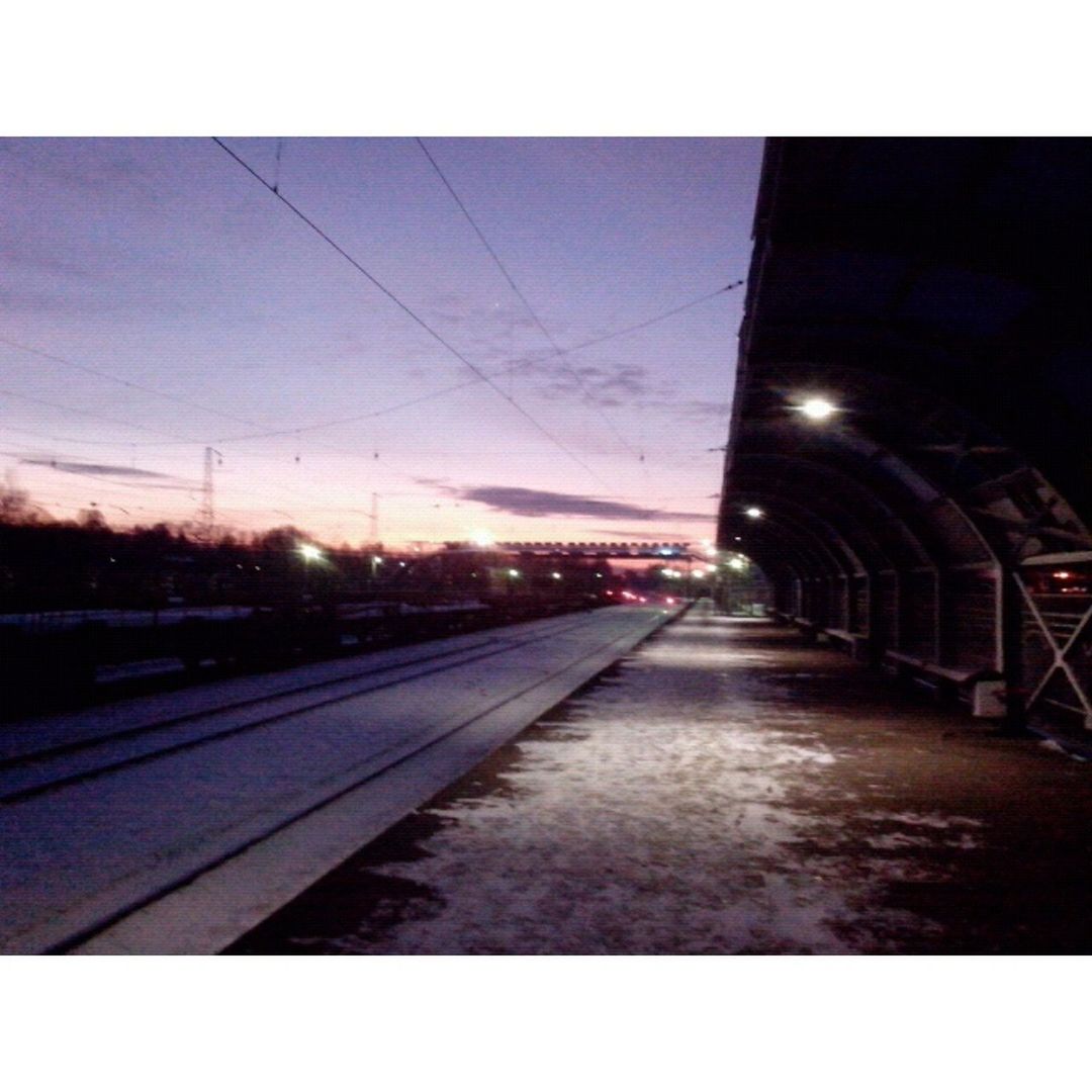 transportation, the way forward, diminishing perspective, sky, transfer print, railroad track, vanishing point, road, power line, auto post production filter, electricity pylon, sunset, empty, long, road marking, dusk, connection, surface level, rail transportation, street light