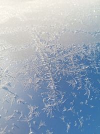 Full frame shot of snowflakes on glass window