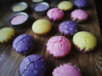 High angle view of cupcakes on table