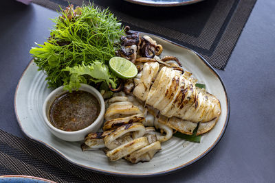 High angle view of food in plate on table