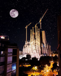 Digital composite image of illuminated building against sky at night