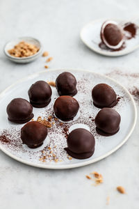 Close-up of dessert served on table