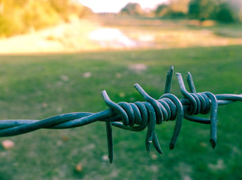 Close-up of barbed wire fence against grassy field