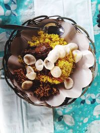 High angle view of dessert in bowl on table