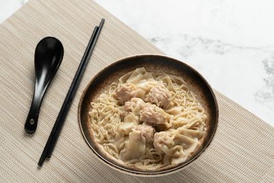 High angle view of noodles in bowl