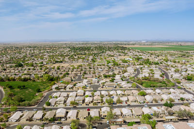 High angle view of townscape against sky