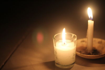 Close-up of lit tea light candle