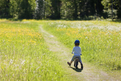 Boy riding bicycle in field