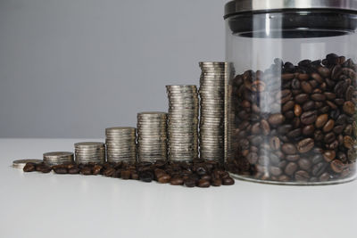 Close-up of stack of objects on table