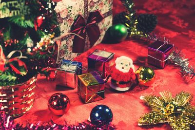 High angle view of christmas decorations on table