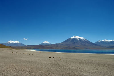 Scenic view of snowcapped mountains against clear blue sky