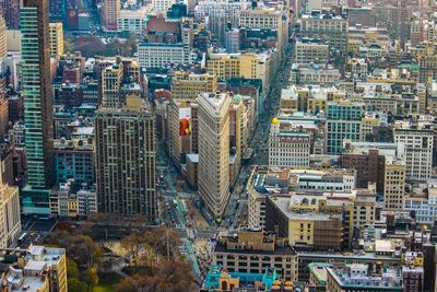 High angle view of modern buildings in city
