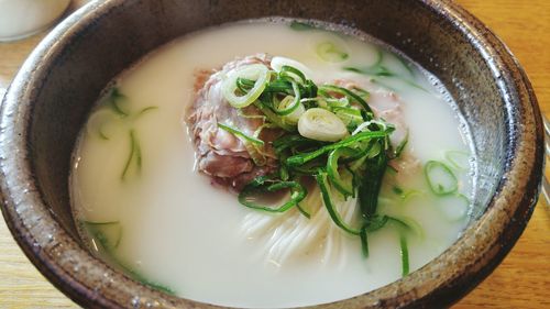 High angle view of soup in bowl on table