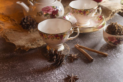 Close-up of tea cup on table