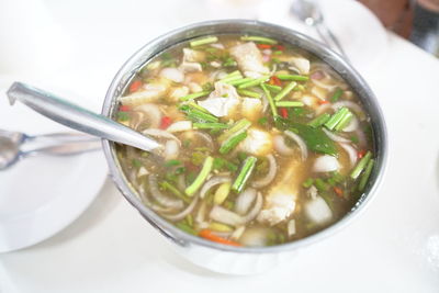 High angle view of soup in bowl