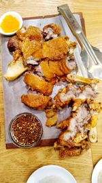 High angle view of meal served on table