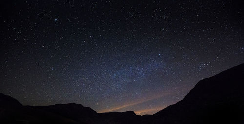 Low angle view of silhouette mountain against sky at night