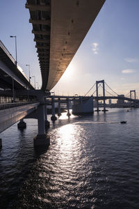 Bridge over river against sky in city